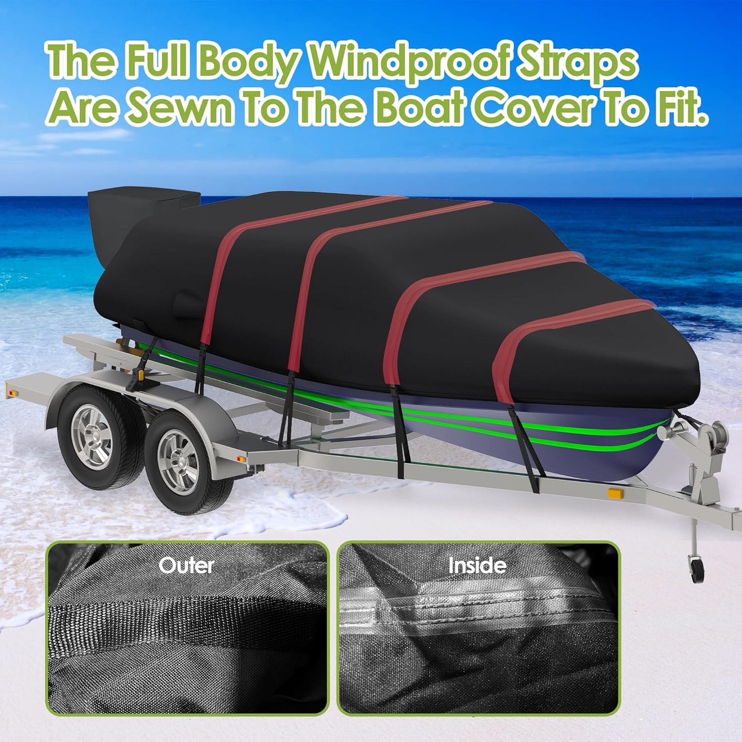 K-Musculo Boat Cover,  Heavy Duty 800D Waterproof Boat Cover, Tear UV Resistant Boat Cover with Motor Cover, Fits V-Hull, Tri-Hull, Runabout Boat Cover