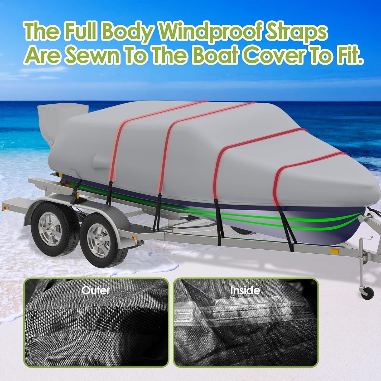 K-Musculo Boat Cover,  Heavy Duty 800D Waterproof Boat Cover, Tear UV Resistant Boat Cover with Motor Cover, Fits V-Hull, Tri-Hull, Runabout Boat Cover