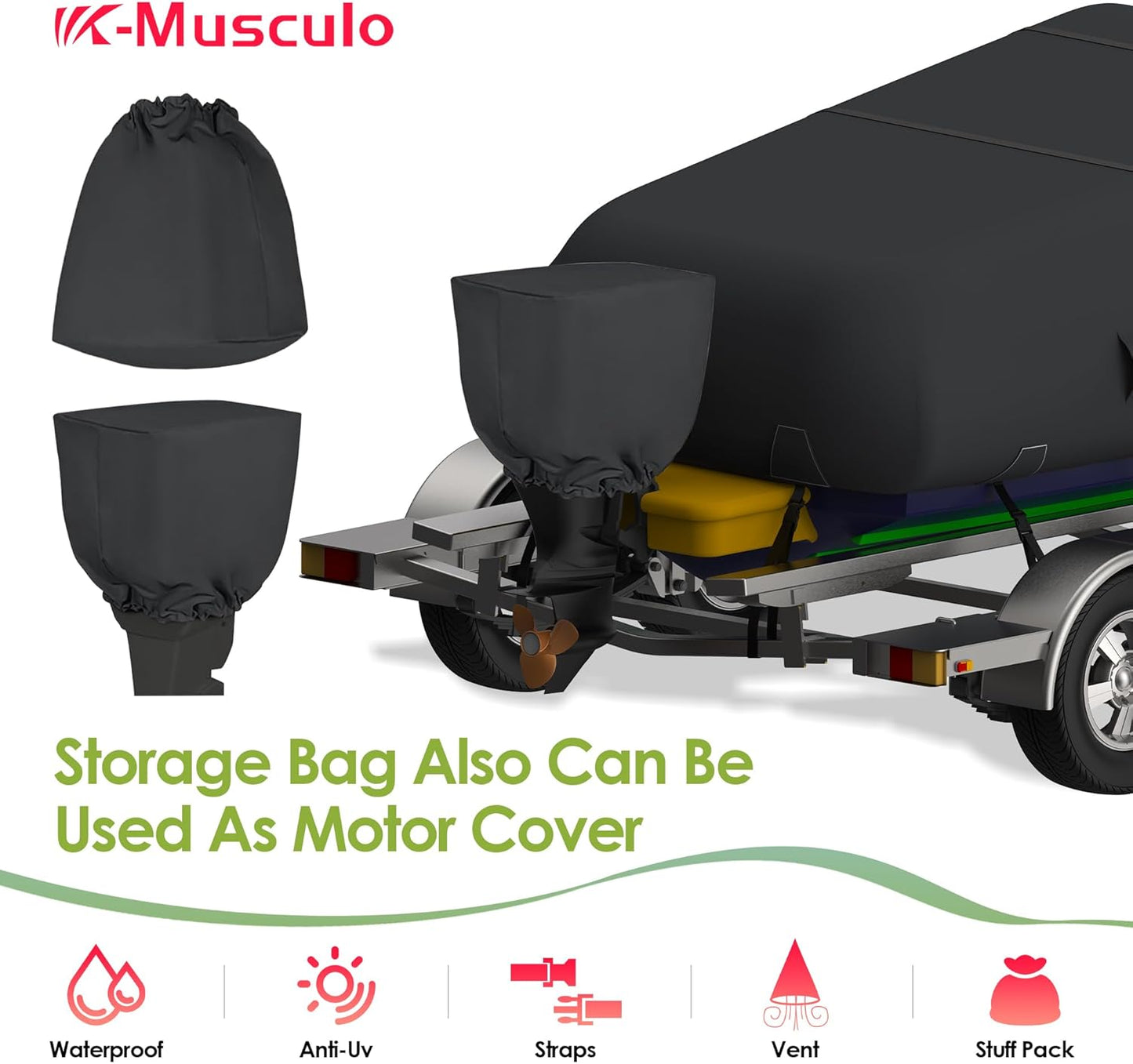 K-Musculo Boat Cover,  Heavy Duty 800D Waterproof Boat Cover, Tear UV Resistant Boat Cover with Motor Cover, Fits V-Hull, Tri-Hull, Runabout Boat Cover