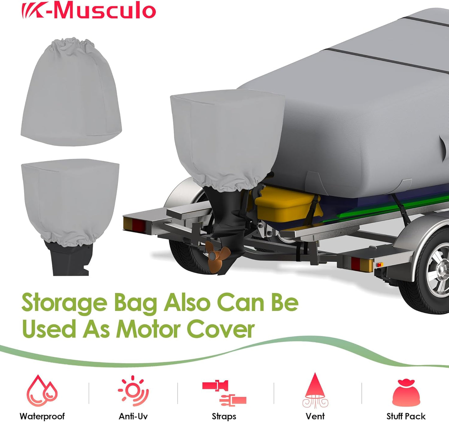 K-Musculo Boat Cover,  Heavy Duty 800D Waterproof Boat Cover, Tear UV Resistant Boat Cover with Motor Cover, Fits V-Hull, Tri-Hull, Runabout Boat Cover